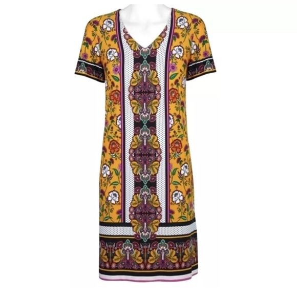 London Times Yellow Print Short Sleeve V-neck Floral Shift Mini Dress Size 4 - Picture 3 of 7